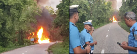 रौतहटमा पेट्रोल बोकेको ट्याङ्कर दुर्घटना, आगलागीपछि पूर्ण रूपमा नष्ट
